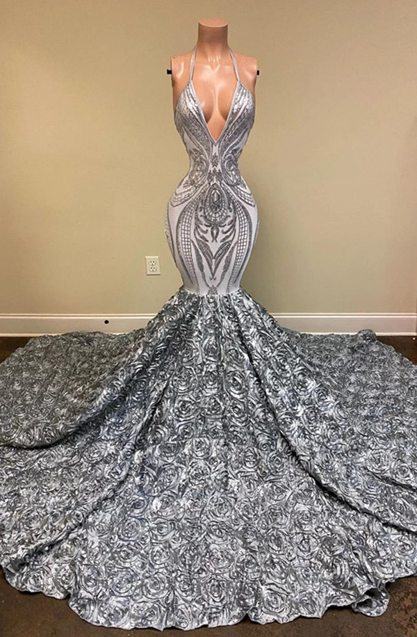 Real image Mermaid Silver Evening Formal Dresses 2020 Halter Sparkly Lace Sequins 3D Rose Floral Long Train Backless Prom Gowns