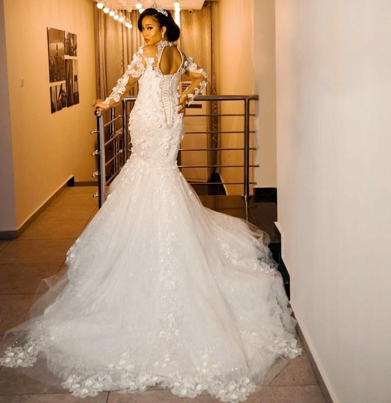 Plus Size 3D Floral Wedding Dresses with Long Sleeve 2021 High Neck Lace-up Crystal Lace African Nigerian Bride Gown vestidos