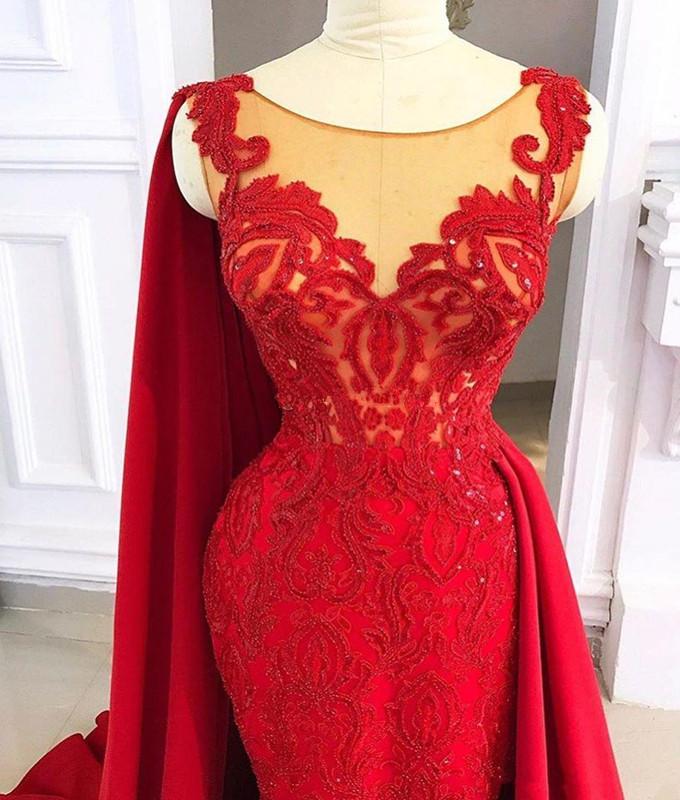 Modest Mermaid Red Prom Dresses Jewel Neck Evening Dress with Detachable Train 2021 Full Lace Appliqued Beads Formal Gowns