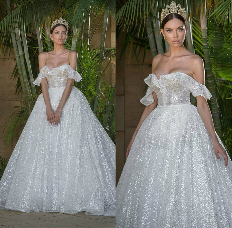 Glitter Royal A-line Wedding Dresses Sequins Bling Sexy Strapless Sleeveless Church Bridal Gowns Custom Made Sweep Train Wedding Dress