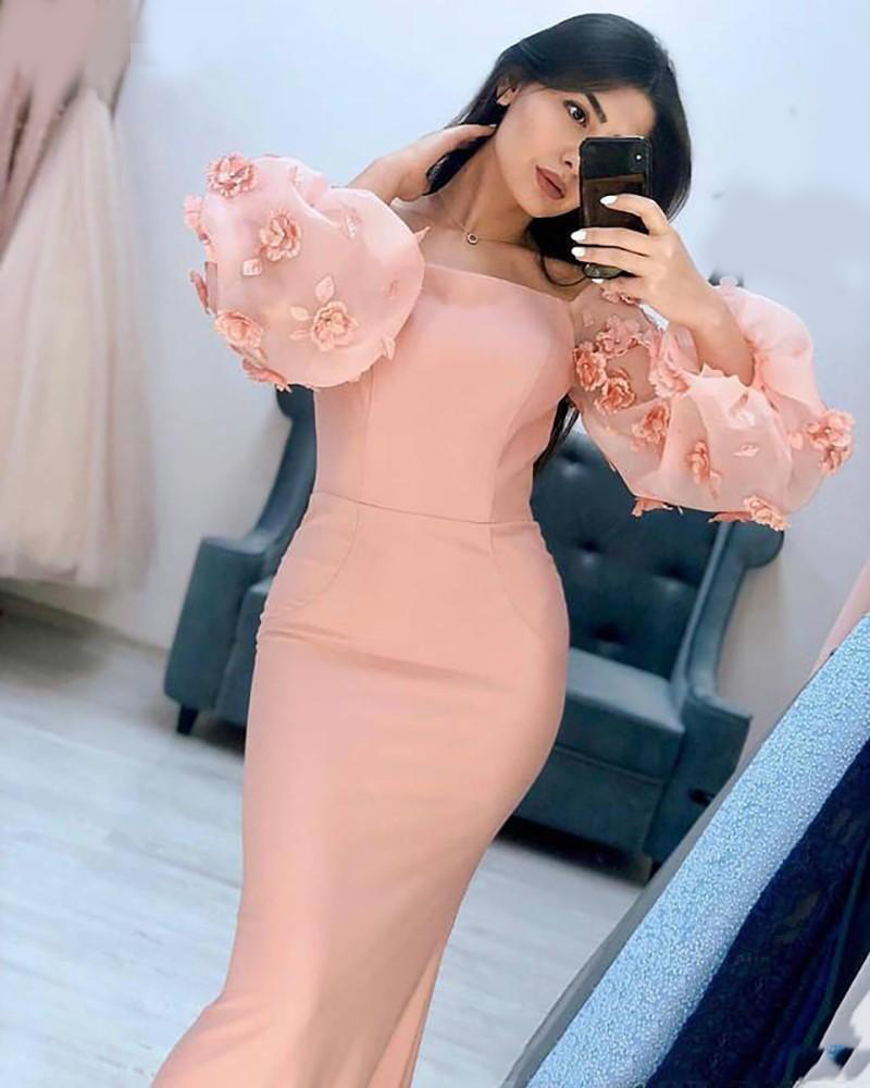 2020 Charming Mermaid Evening Gowns strapless Long Puff Sleeve Flower Arab Prom Dresses Off The Shoulder Evening Party Gowns Robe De Soire