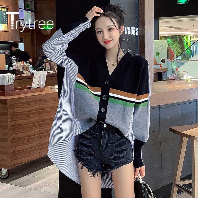 Trytree 2020 Spring Autumn Women Casual Coat V-neck Patchwork Stripe Knitting Single Breasted Irregular All-Purpose Style Coat, Black
Trytree 2020 Spring Autumn Women Casual Coat V-neck Patchwork Stripe Knitting Single Breasted Irregular All-Purpose Style Coat, Black