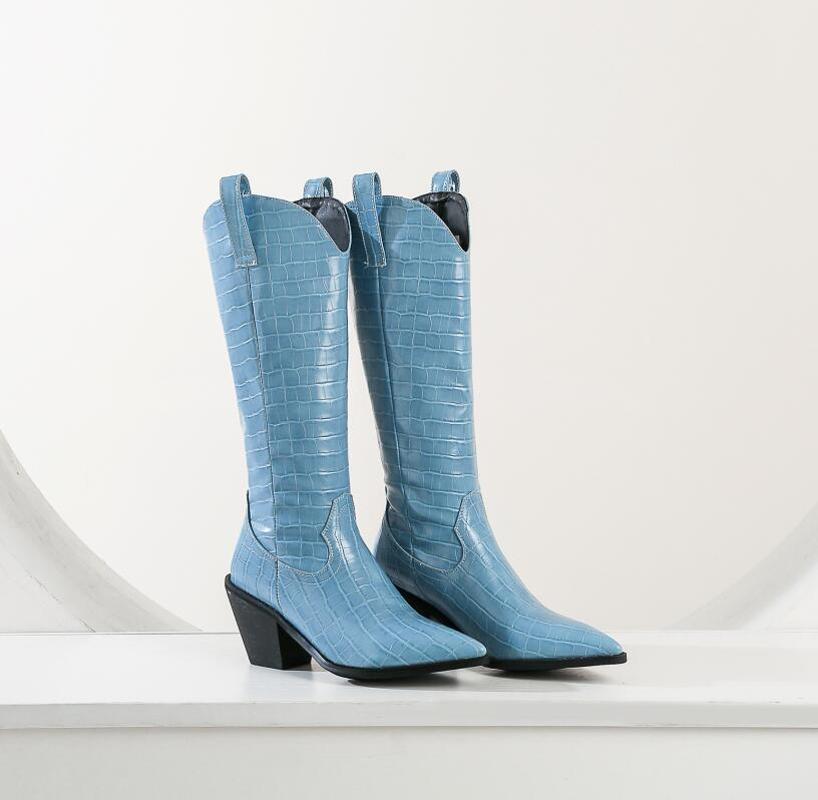 Black blue White Knee High Boots Western Cowboy Boots for Women Long Winter Pointed Toe Cowgirl wedges Motorcycle1