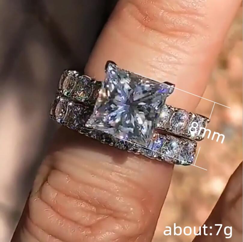 Size 6-10 Luxury Jewelry Couple Rings 925 Sterling Silver Princess Cut White Topaz CZ Diamond Party Eternity Women Wedding Bridal Ring Set