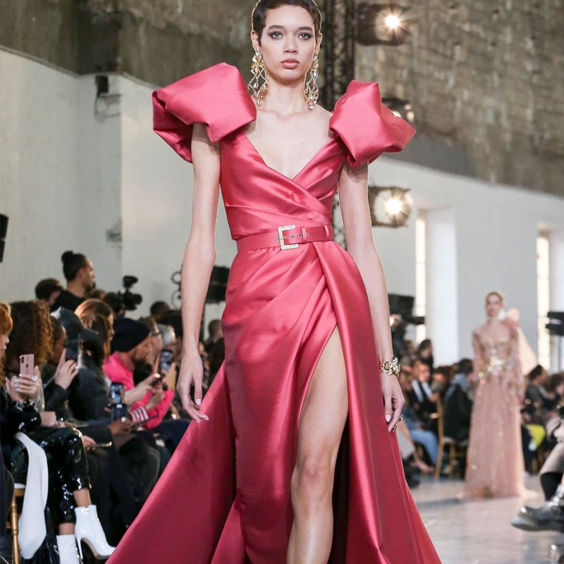 a line evening dresses satin v neck short sleeve side split prom dress formal red carpet gowns robes de marie