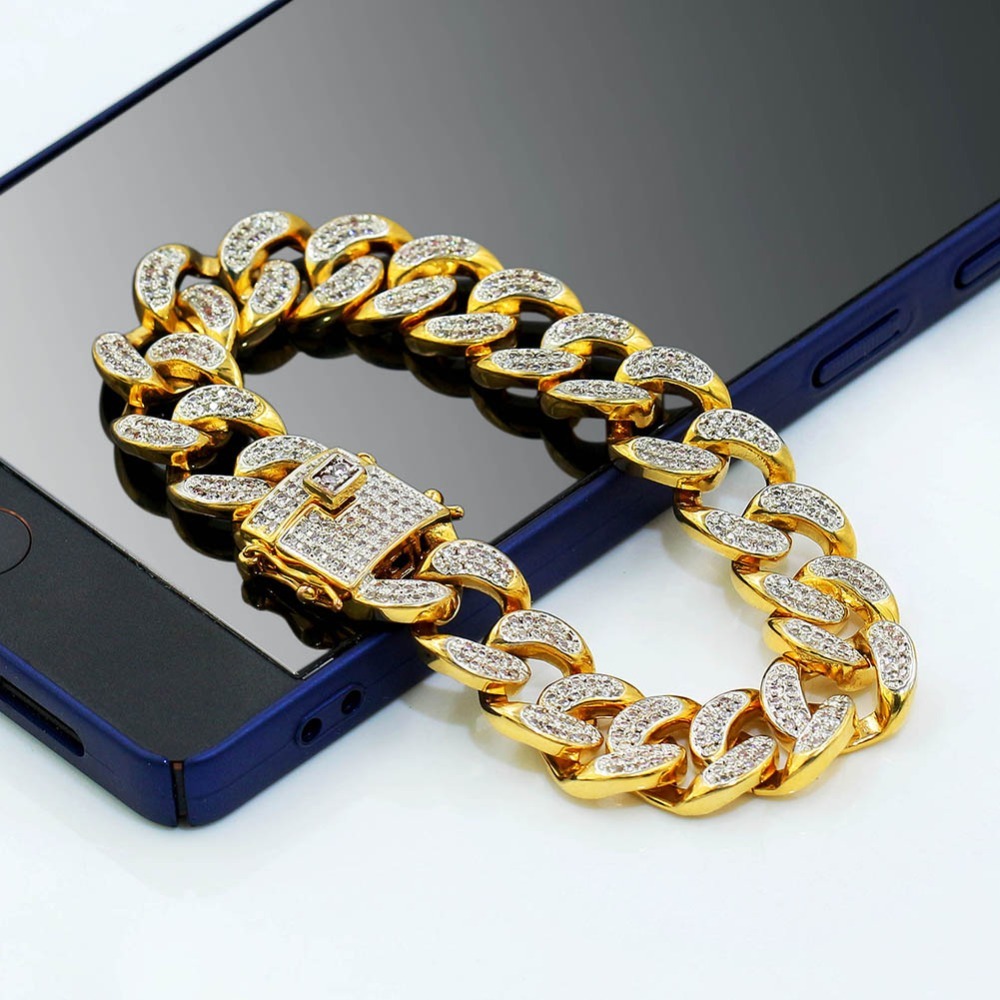 TOPGRILLZ Hip Hop Rock Jewelry Gold Color Plated Cuban Chain Micro Pave CZ Stones Bracelet 8 Inch Length Beacelets For Men CX200724
