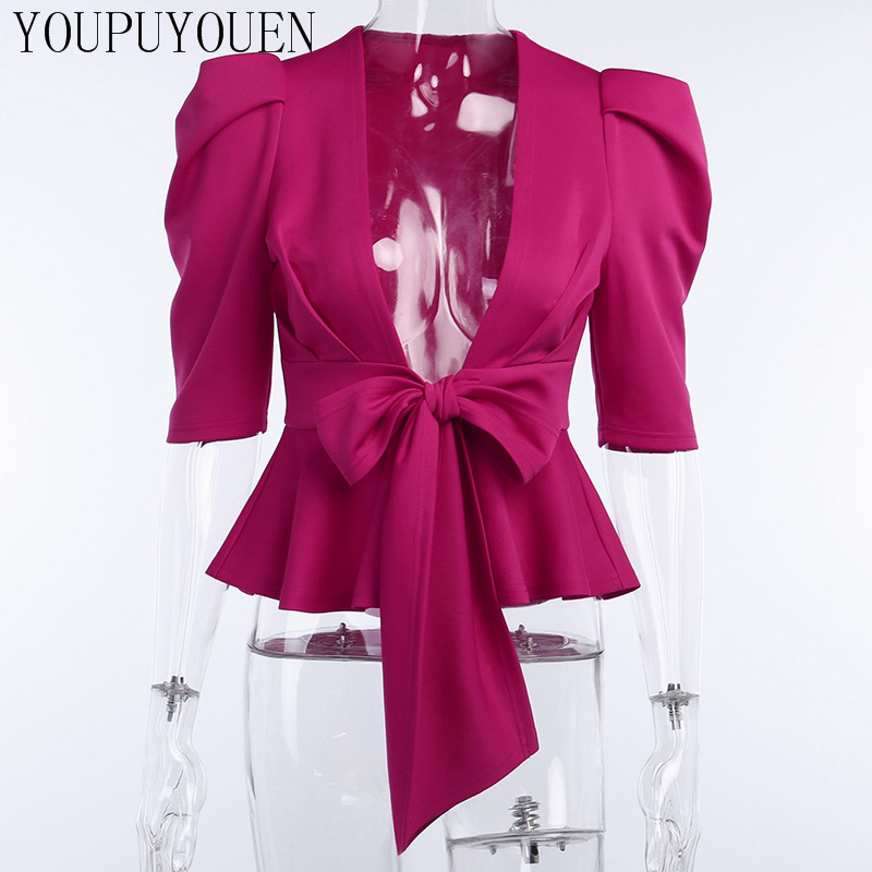 Ruffle Puff Sleeve Blouse Shirt Puffy Bow Lace-up V Neck Elegant Sexy Peplum Top Woman 2020 Summer Fashion Blouses Women Clothes T200801