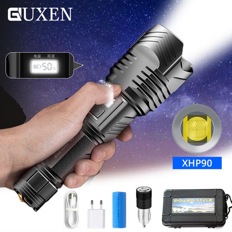 

More Powerful XHP90 LED Tactical Torch Digital Stepless Dimming Power Display USB Rechargeable Zoom Outdoor Lighting
