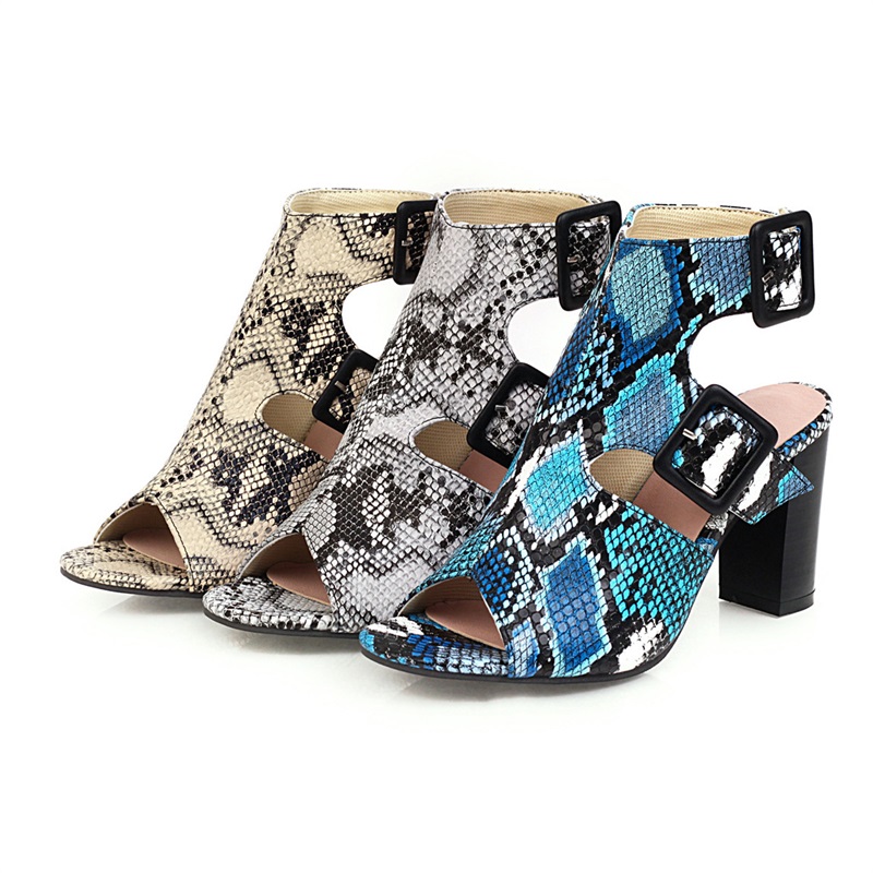 8CM Lady Shoes Leather Large Size Snake Belt Buckle Chunk Heel High Heel Women Shoes European Style Designer Shoe Sandal D5038 Free Shipping