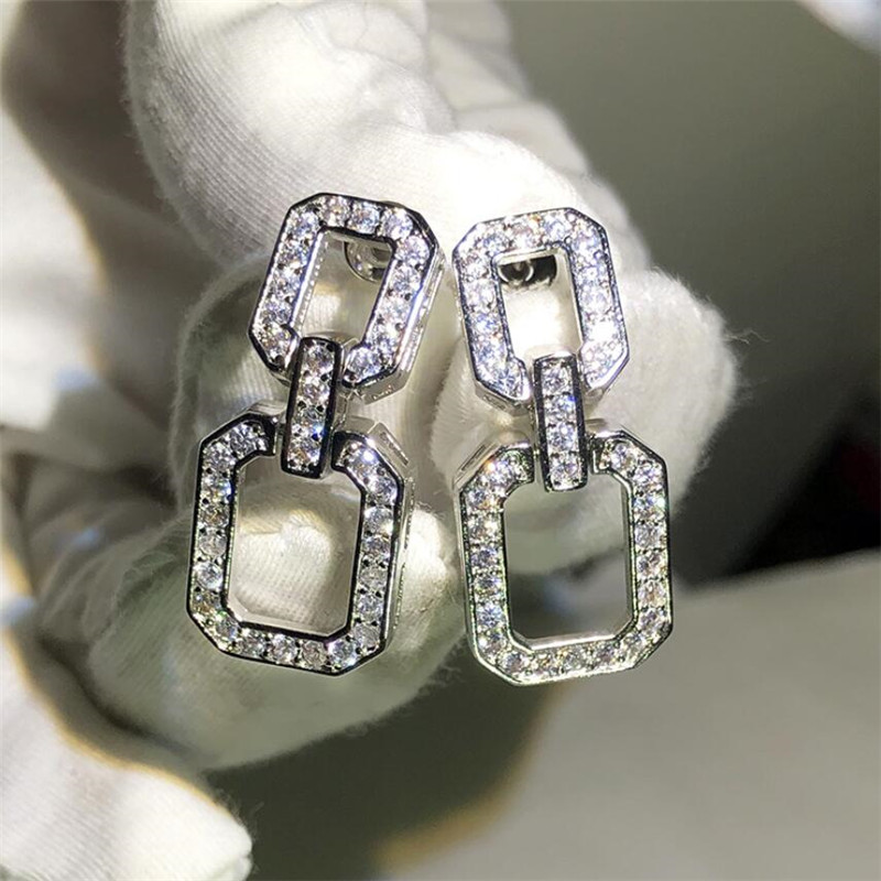 2020 New Arrival Sparkling Luxury Jewelry 925 Sterling Silver Pave White Sapphire Party Square Chain Earring Women Long Dangle Earring Gift