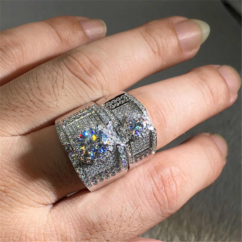 2020 New Arrival Sparkling Luxury Jewelry 925 Sterling Silver Round Cut White Topaz Pave CZ Diamond Promise Women Men Wedding Bridal Ring