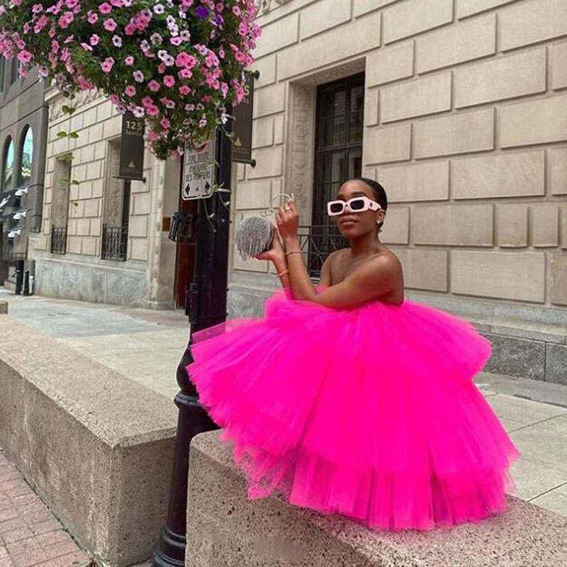 Fuchsia Short Homecoming Dresses Tulle Skirts Women Party Gowns vestido de festa Ball Gown Above Knee African Prom Dress Buyer Shows