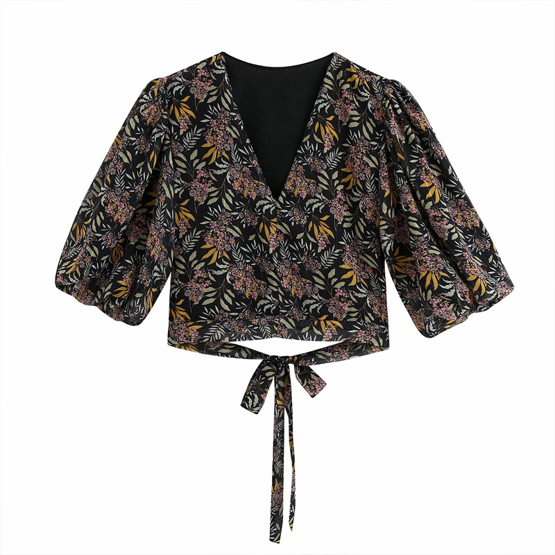 2020 Women's New Flower Printed V-neck Short Shirt Temperament Feminine Long-Sleeved Top With Bow Decoration On The Back bb2581, Black
2020 Women's New Flower Printed V-neck Short Shirt Temperament Feminine Long-Sleeved Top With Bow Decoration On The Back bb2581, Black