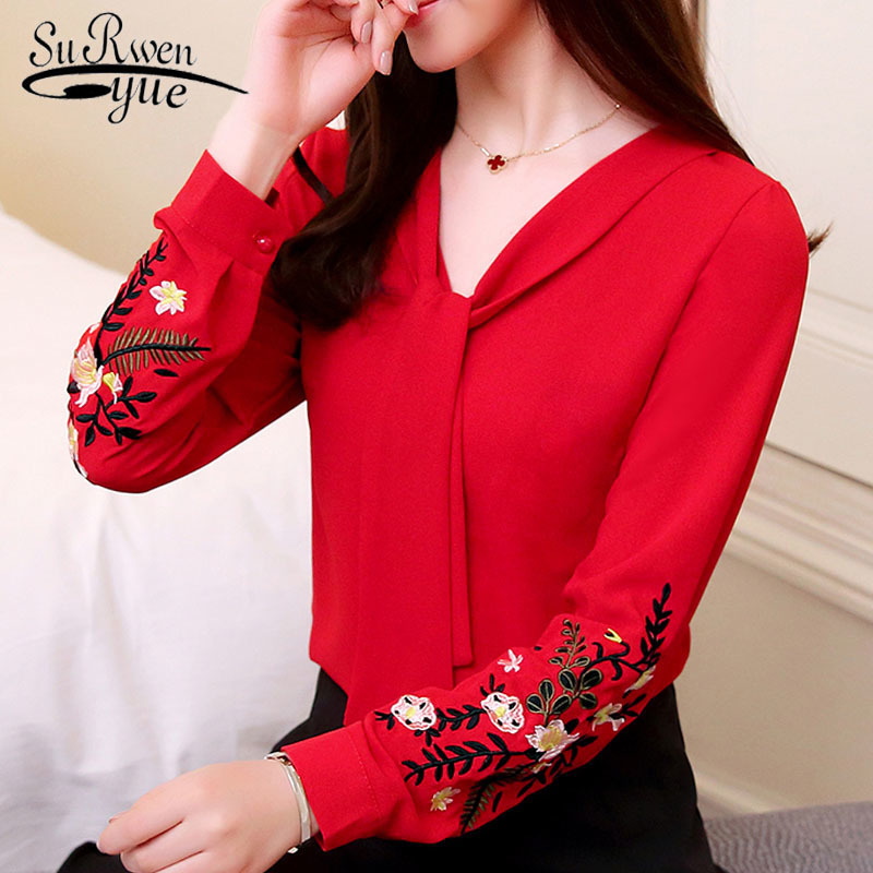 fashion woman blouses Long sleeve chiffon office lady shirt women tops blusas red OL blouse 30 T200502