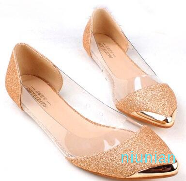 Hot sale-2017 new the chic metal pointed/closed toe transparent shiny pointed Asakuchi ballet flat shoes women's shoes