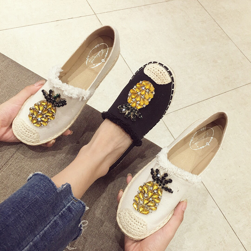 2019 New Women Espadrilles Flats Crystal Pineapple Hemp Fisherman Ladies Fashion Rhinestone Loafers Slip On Single Shoes S CX200722
