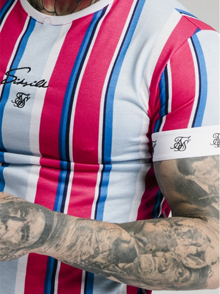 Summer Fashion Mens Street Hip-Hop Striped T-Shirt Sik Silk Printed Striped Round Neck Short Sleeve T-Shirt Polyester