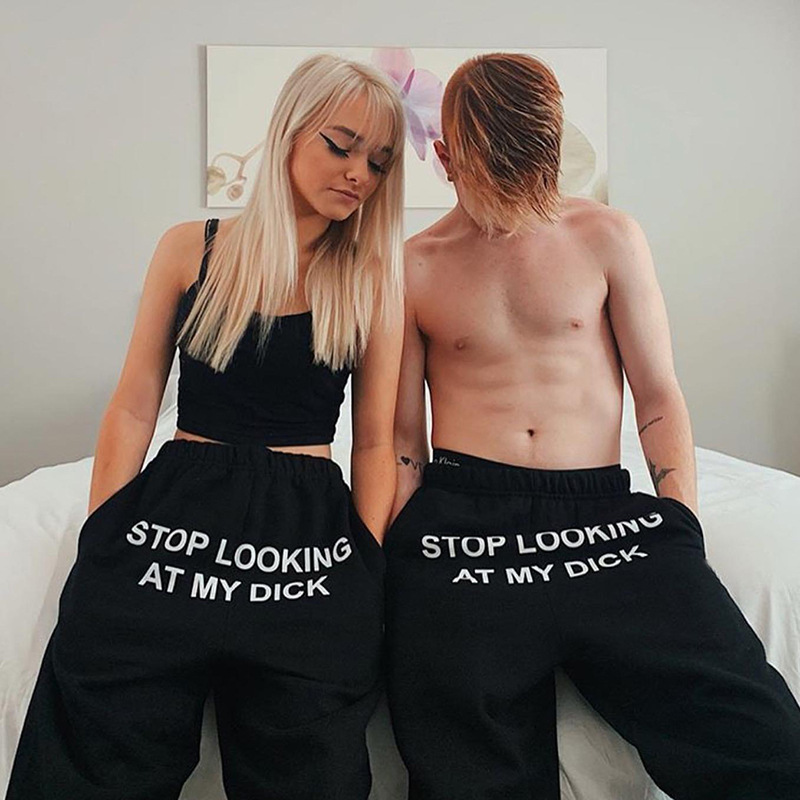 Men's Pants Fashion Printed Letter STOP LOOKING AT MY DICK Sweatpants With Pockets Black Grey High Waist Drawstring Loose Casual Trousers