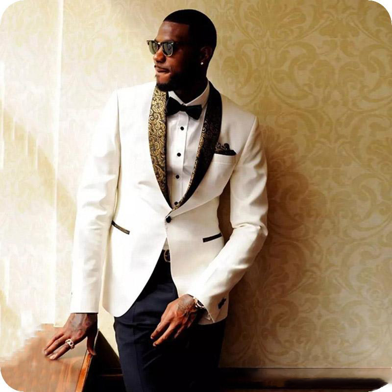 Handsome White Men Tuxedos Groom Wedding Suits One Button Two Piece Groom Suit Red Peaked Lapel Slim Man Blazer Men Prom Evening Wear