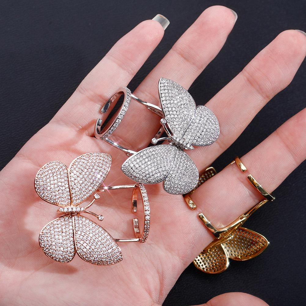 Full Diamond Butterfly Womens Rings Open Cuff Rose Gold Bling Cz Zirconia Stones Finger Band Designer Luxury Jewelry Valentines Day Gift for Girlfrien