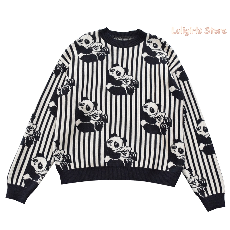 Women's Cartoon Panda Black White Striped Embroidery Knitted Sweaters Autumn Winter Sweet Thick Jacquard Sweater Pullover Tops
Women's Cartoon Panda Black White Striped Embroidery Knitted Sweaters Autumn Winter Sweet Thick Jacquard Sweater Pullover Tops