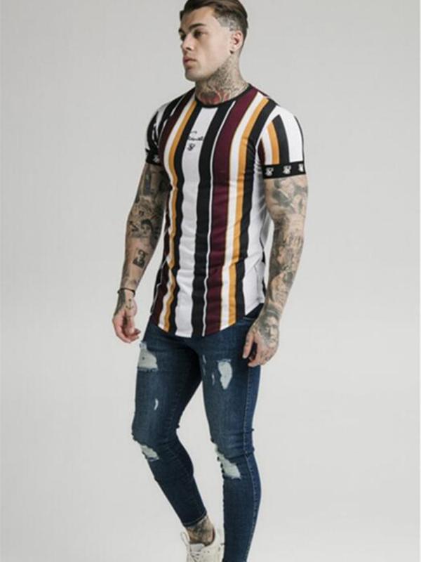 Summer Fashion Mens Street Hip-Hop Striped T-Shirt Sik Silk Printed Striped Round Neck Short Sleeve T-Shirt Polyester