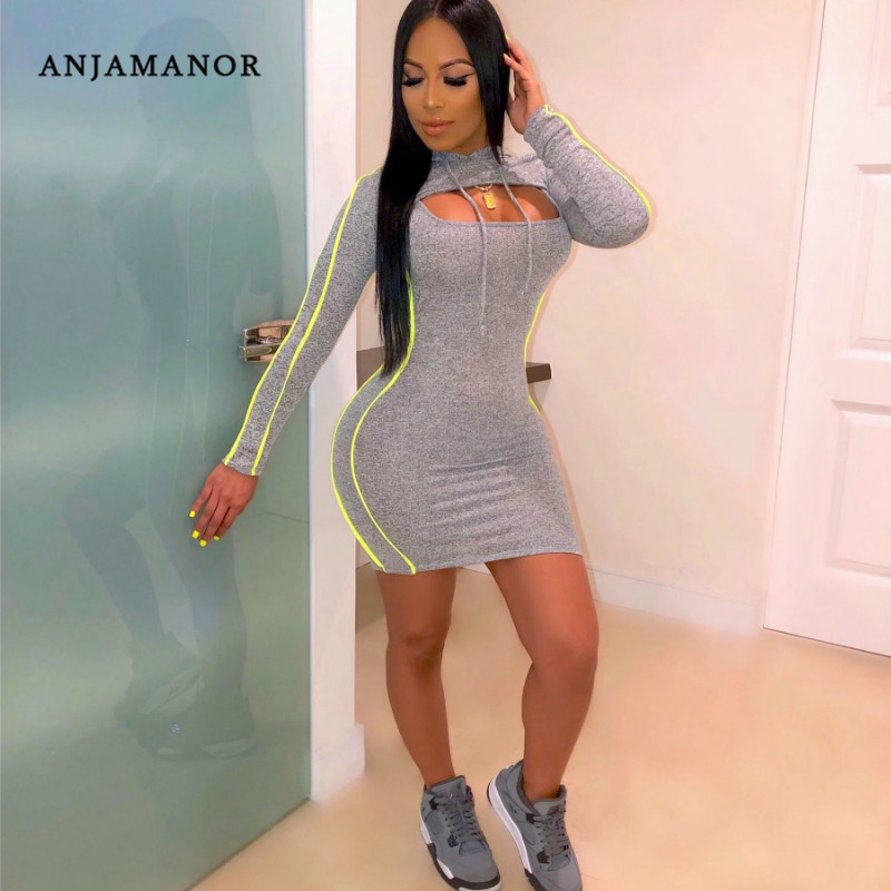 ANJAMANOR Clubwear Two Piece Set for Women Hoodie and Dress Matching Plus Size Sets Trendy Outfits Fall Winter D30-AF52 T200325