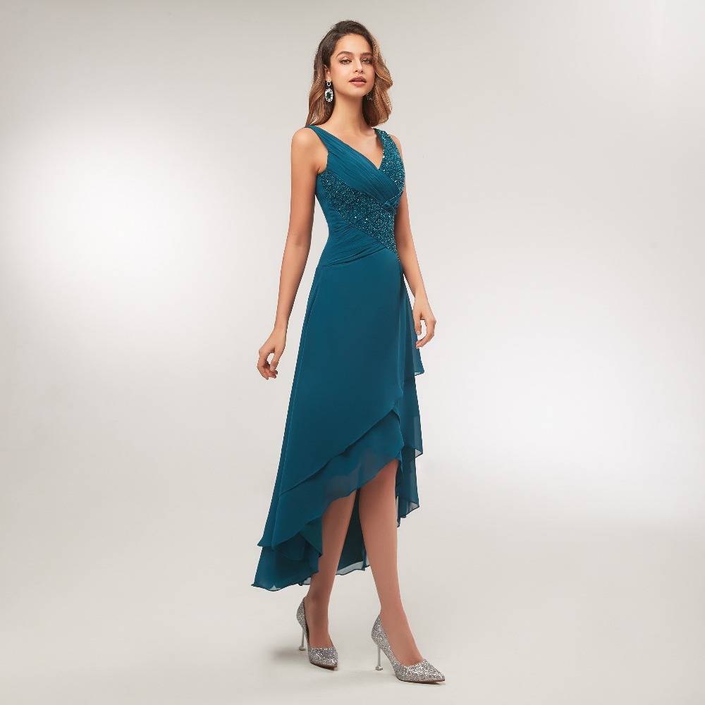 Mother's Dresses Turquoise Chiffon V Neck Pleated Tea Length High Low Mother Of The Bride Dress Vestido De Madrinha Evening Dresses