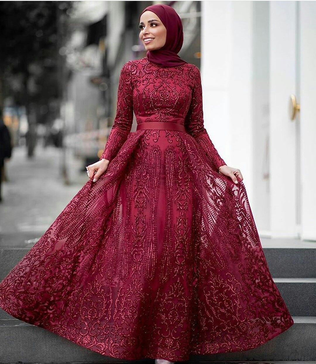 Dark Red Muslim Prom Dresses Lace Beaded Dubai Floor Length Evening Gowns Vestidos 2020 Aibye Islamic Pageant Dress