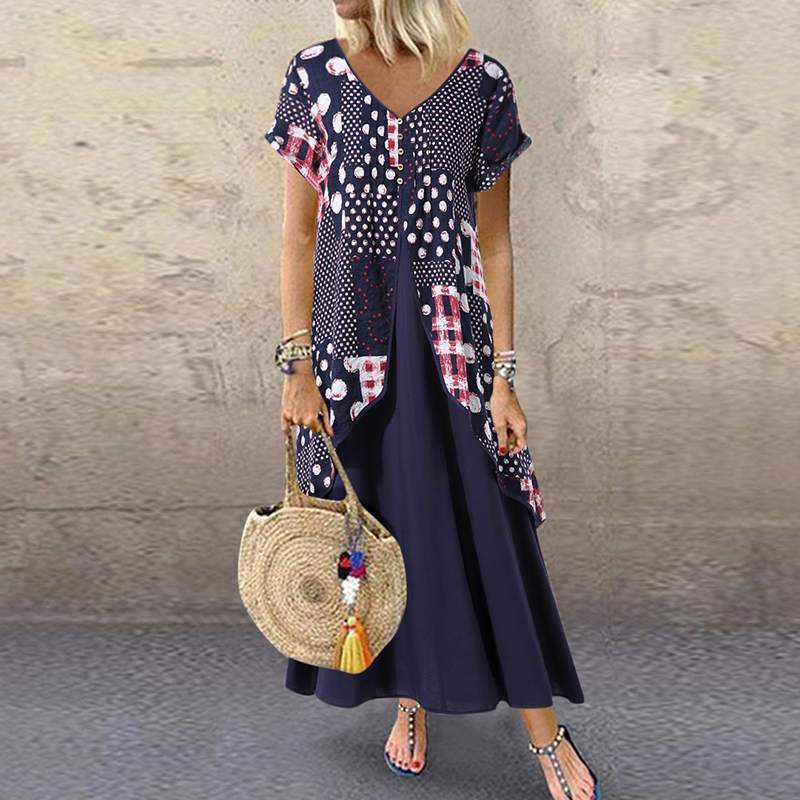 ZANZEA Maxi Long Dress Autumn Summer Dress Women Polka Dot Print Patchwork SundressPleated Plus Size Sexy V Neck Vestidos T200604