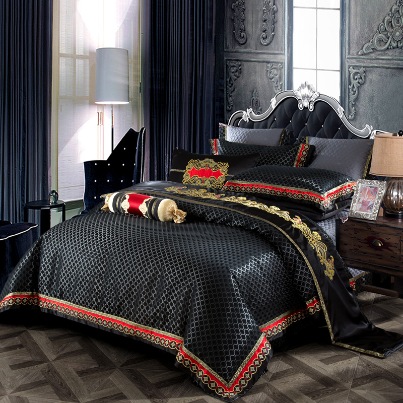 2020 Luxury Silk Cotton Jacquard Black Bedding Set Quilt Cover Sets Flat Bed Sheet Pillowcases Queen King Size 4/6/8/9Pcs