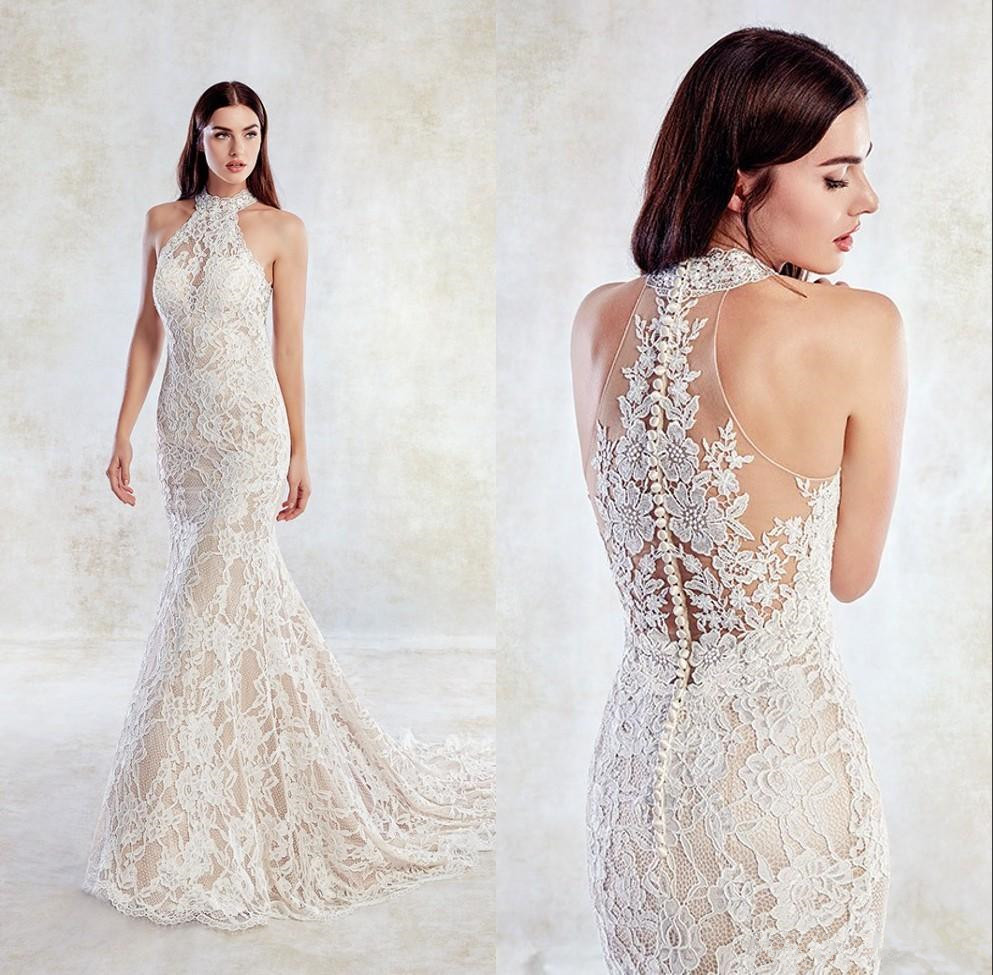 Modest Halter Lace Mermaid Wedding Dresses 2021 Appliques Sweep Train beach Bridal Gown Sleeveless robe de marie