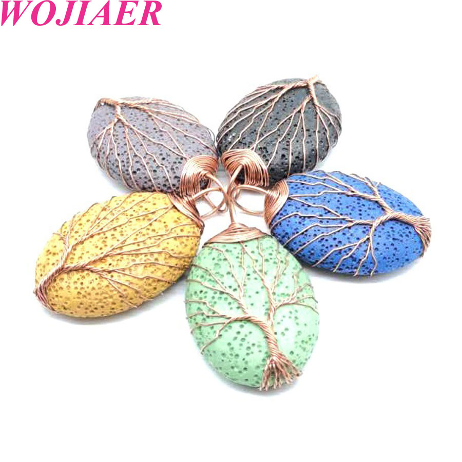 WOJIAER Retro Rose Gold Color Wire Wrap Natural Lava Stone Necklaces & Pendants Pendulum Volcanic Rock Oval Tree of Life Jewelry BV915