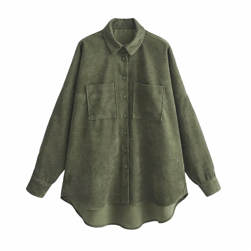 Women Oversized ArmyGreen blouse solid Asymmetry lapel long sleeve Corduroy shirt female casual loose chic tops blusas, As picture 
Women Oversized ArmyGreen blouse solid Asymmetry lapel long sleeve Corduroy shirt female casual loose chic tops blusas, As picture