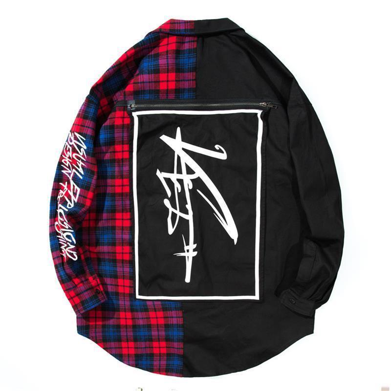 Plaid Shirts Men Hip Hop Patchwork Long Sleeve Shirt Men Women Punk Style Creative Letter Printed Shirt Tops Streetwear WJ188 T200410