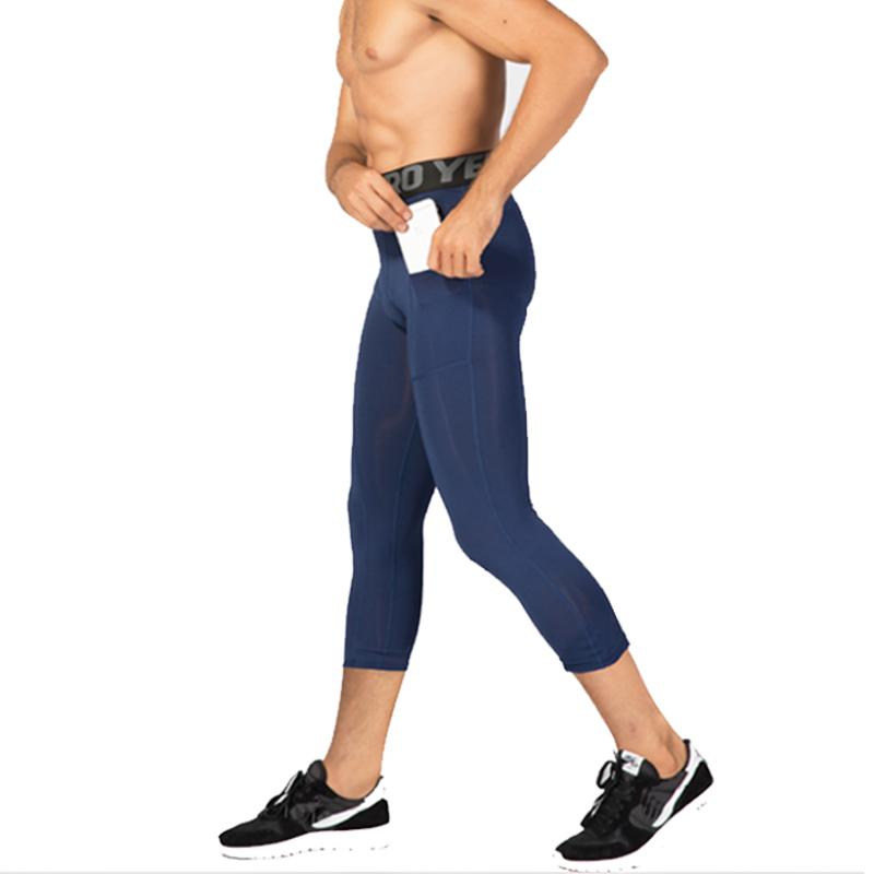 3/4 Length Compression Pants Men Basketball Leggings Mens Workout Capri Legging Fitness Men With Pockets Gym Tights