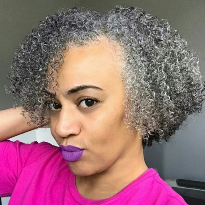 Afro Puff curly grey human hair puff drawstring ponytail clip in silver natural hair pony tail updo women afro gray hair extension