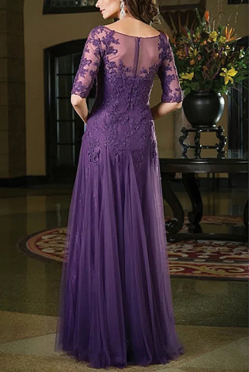 Sheer Neck Half Sleeve Mother Of The Bride Dresses Appliqu Groom Godmother Evening Dress For Wedding Party Prom Mother Gown