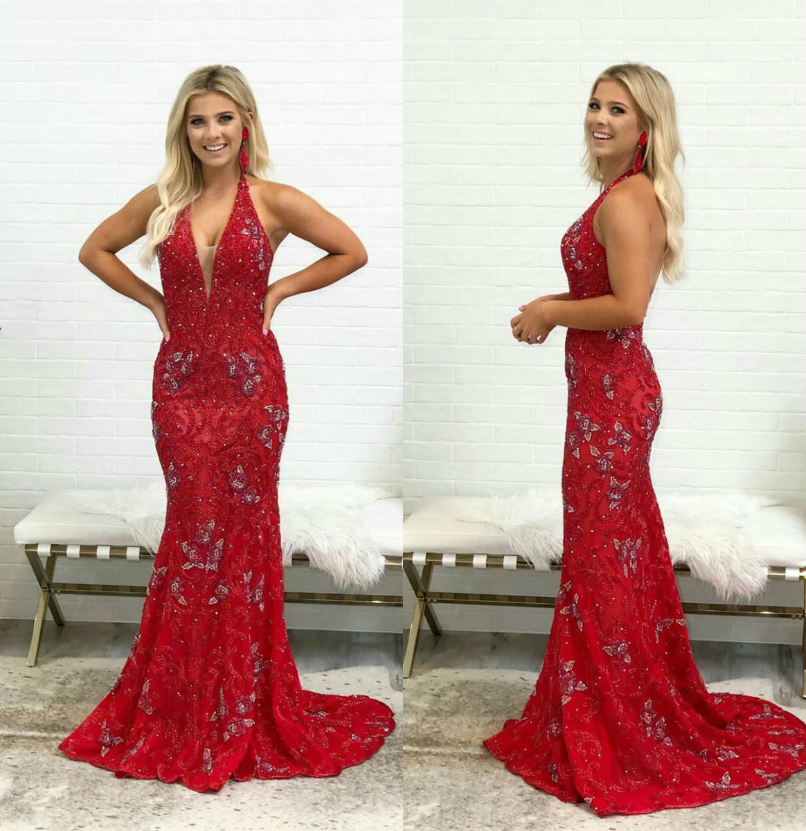 Red Halter Mermaid Wedding Dresses Appliqued Lace Ruched Wedding Gown Sweep Train Bridal Gown Sleeveless Vestidos De Novia