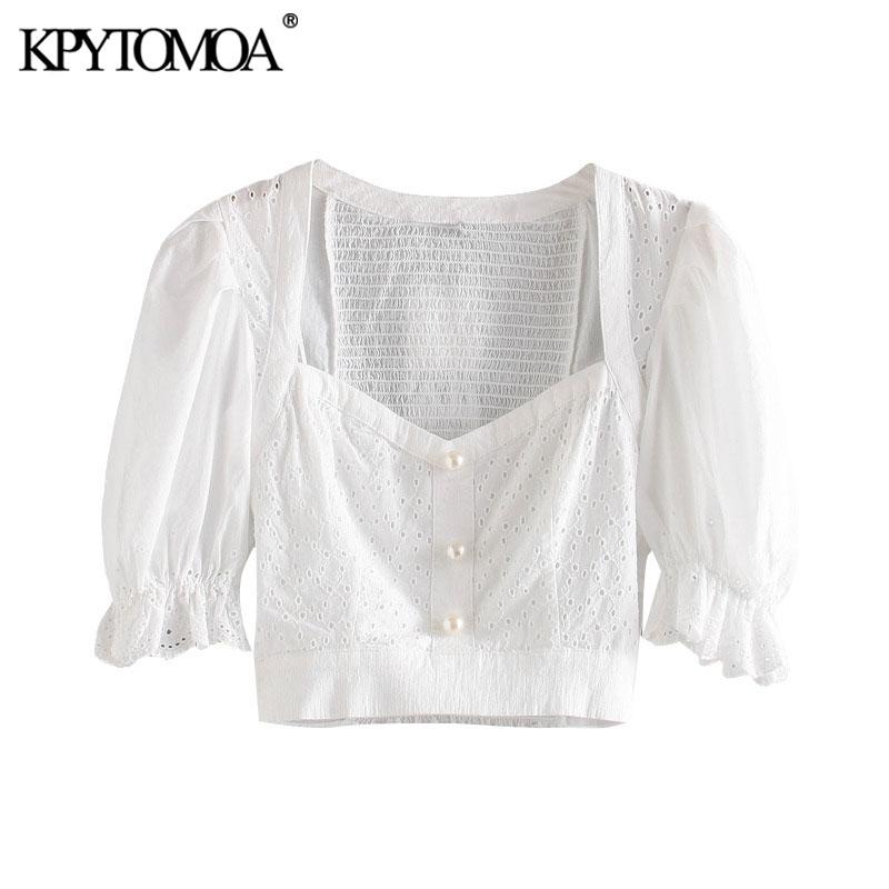 KPYTOMOA Women 2020 Sweet Fashion Cutwork Embroidery Cropped Blouses Vintage Puff Sleeve Back Elastic Female Shirts Chic Tops, As picture 
KPYTOMOA Women 2020 Sweet Fashion Cutwork Embroidery Cropped Blouses Vintage Puff Sleeve Back Elastic Female Shirts Chic Tops, As picture