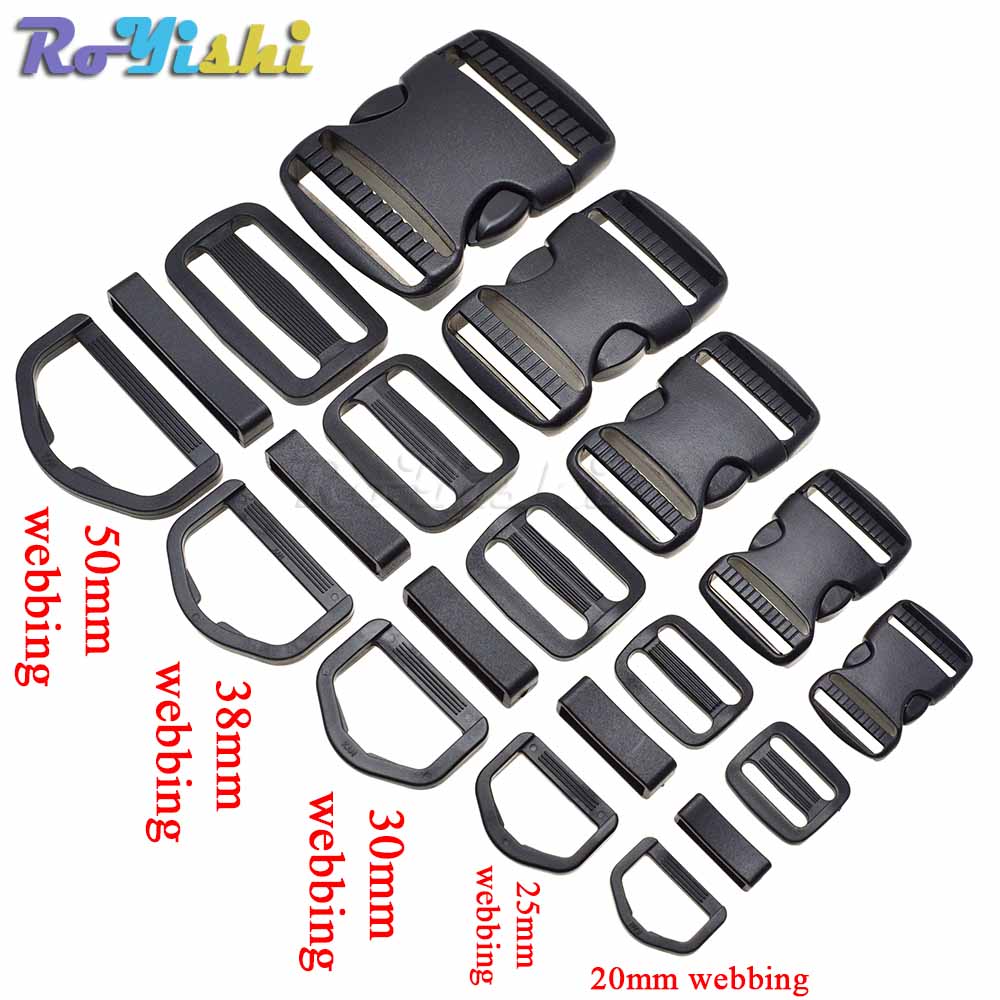 10 sets/lot 20mm 25mm 30mm 38mm 50mm Plastic Slider Adjustable D Rings Belt Loop Curved Side Release Buckles For Paracord
10 sets/lot 20mm 25mm 30mm 38mm 50mm Plastic Slider Adjustable D Rings Belt Loop Curved Side Release Buckles For Paracord
