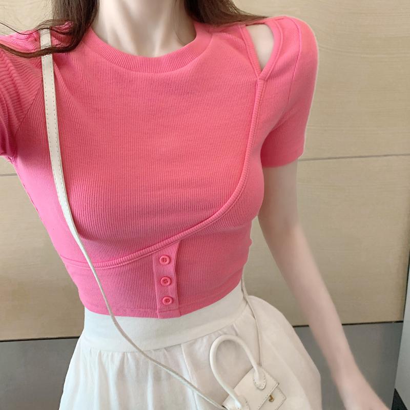 Fashion Design Slim O Neck Women's Shirt Short Type Short Sleeve Sweater Top with Button Decoration, Pink
Fashion Design Slim O Neck Women's Shirt Short Type Short Sleeve Sweater Top with Button Decoration, Pink