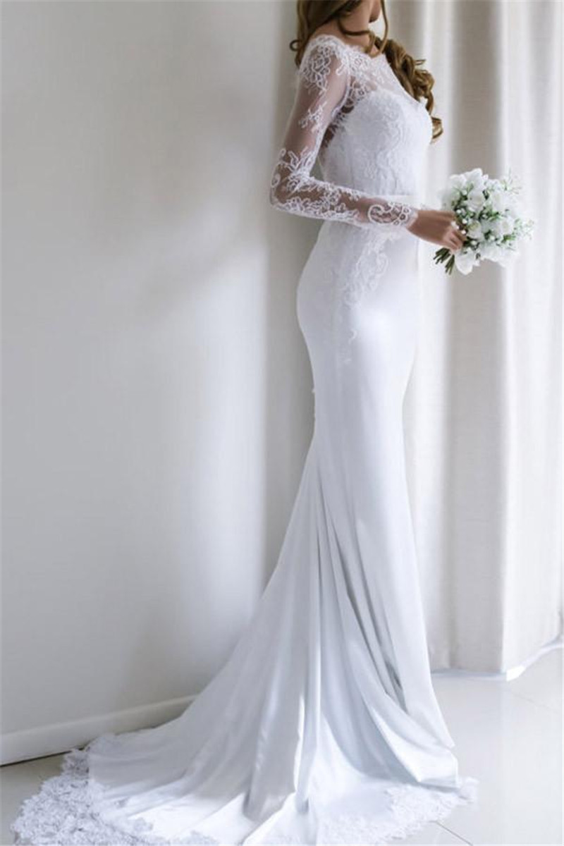 Sexy Backless Mermaid Wedding Dress 2021 Satin and Lace Long Sleeve Wedding Bridal Gowns with Belts Brush Train vestido de noiva
