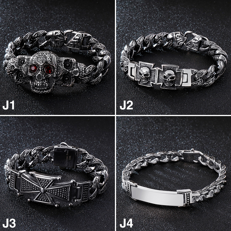 Fongten Skull Cross Curb Men's Bracelet Vintage Black Cuban Chain Stainless Steel Skeleton Male Bracelets Bangle Jewelry CX200724