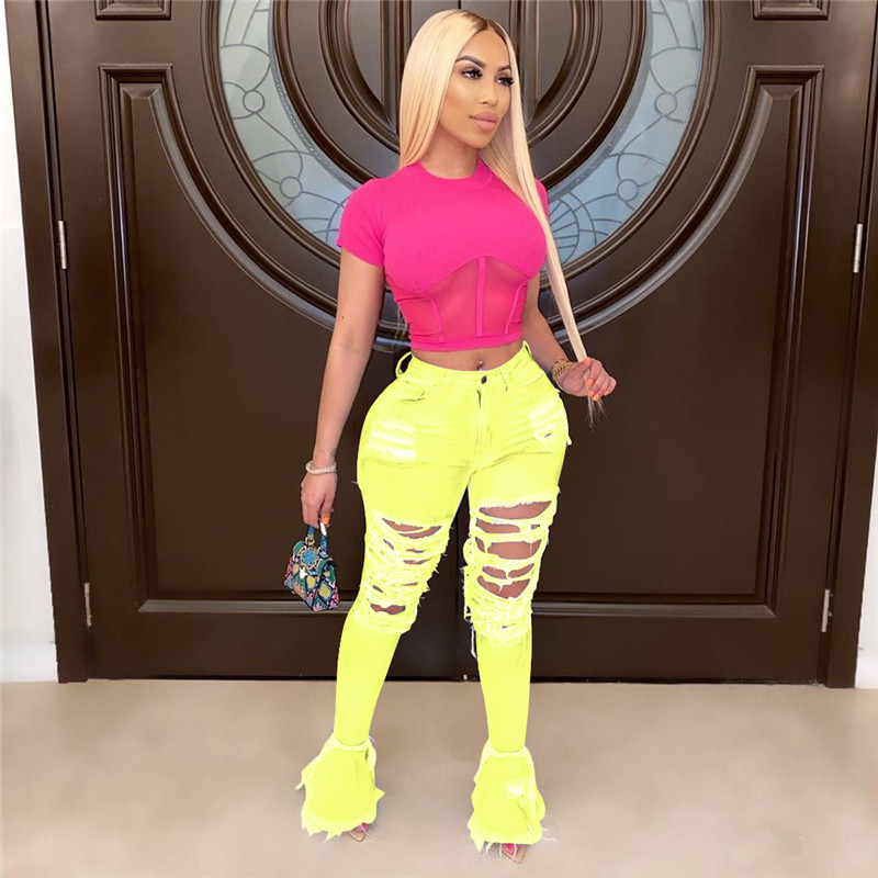 2020 New Stacked Jeans Casual Flare Jeans Plus Size Pants Flare Bottom Women Fashion Ripped Denim