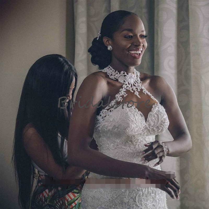 Sexy African Mermaid Wedding Dress Aso Ebi Church Country Wedding Gowns Nigeria Appliques Lace Boho Bridal Dresses Cathedral Train Castle robes de mar