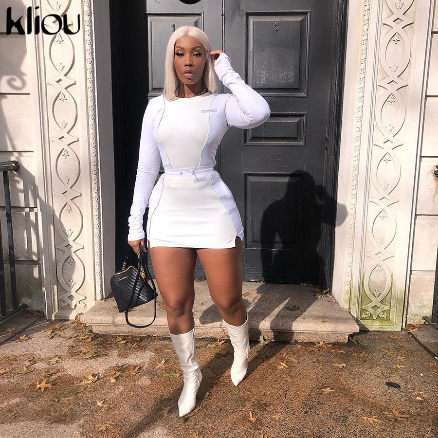 Kliou women fashion Reflective Striped patchwork two pieces set white full sleeve crop top bottom skirts outfit tracksuit T200128