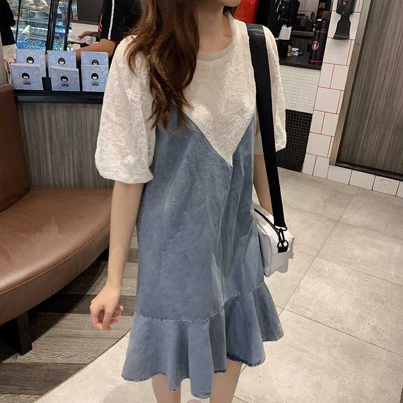 Loose and thin lace puff sleeve dress female age reduction fishtail fake two-piece dress, Blue
Loose and thin lace puff sleeve dress female age reduction fishtail fake two-piece dress, Blue