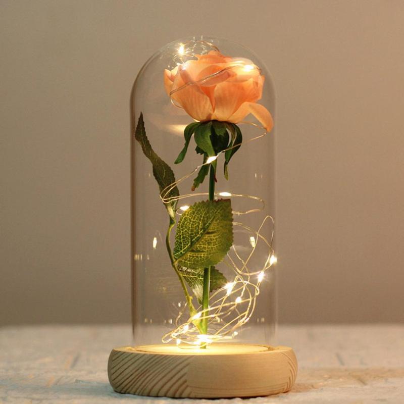 Romantic LED Lights Gold Rose In A Glass Dome for Wedding Valentine's Day 2.14 Gifts Flower for Girlfriend Wife Home Party Decor