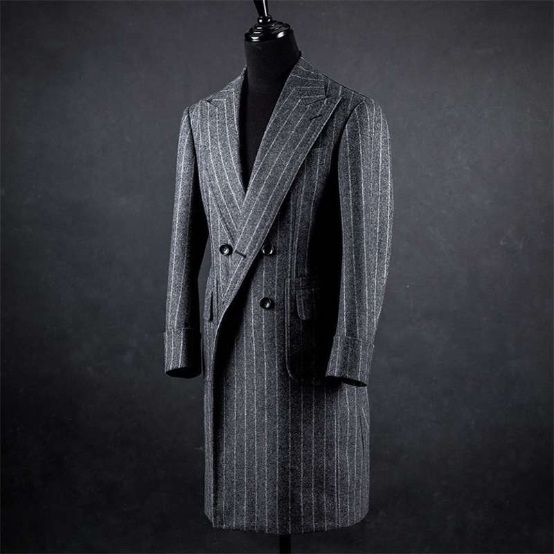 Handsome 2020 Formal Woolen Cotton Men Coat Double Breasted Men Suits Tuxedos Custom Made Peaked Lapel Blazer Men Long Suit For Man
